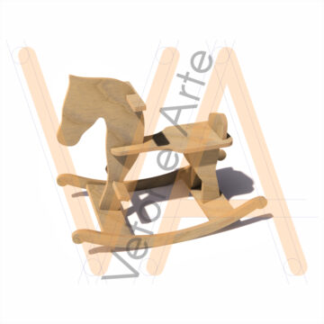 Renderização 3D de um cavalo de balanço infantil em compensado de madeira clara