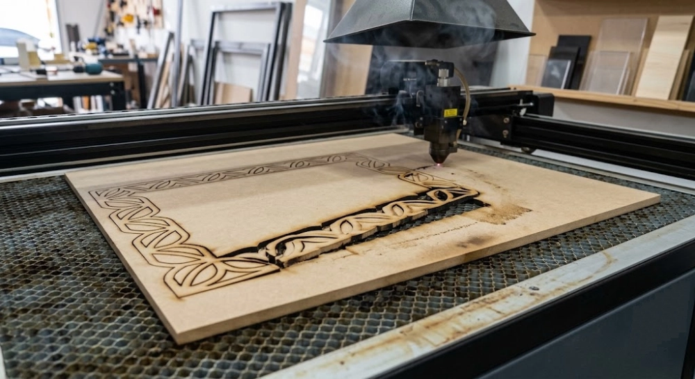 Peça de MDF sobre a mesa de colmeia da máquina laser CNC mostrando um corte interrompido e queimaduras nas bordas por parada repentina.