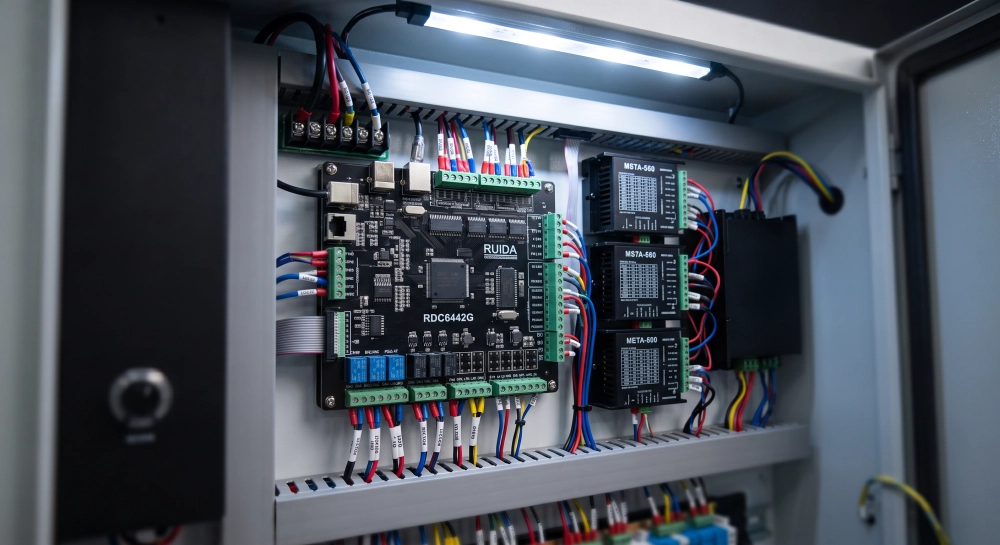 Fotografia em close do painel elétrico de uma máquina de corte a laser CNC, destacando a placa controladora e os drivers de motor de passo organizados.
