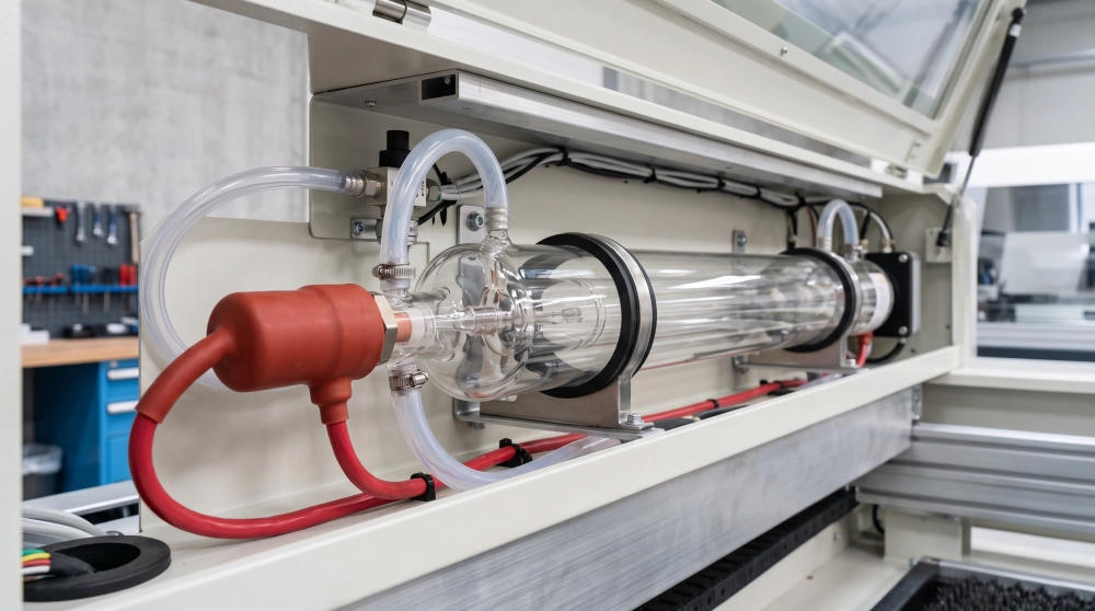 Fotografia detalhada de um tubo de vidro para laser CO₂ instalado dentro da máquina CNC, com mangueiras de água para refrigeração e cabo de alta tensão conectados.