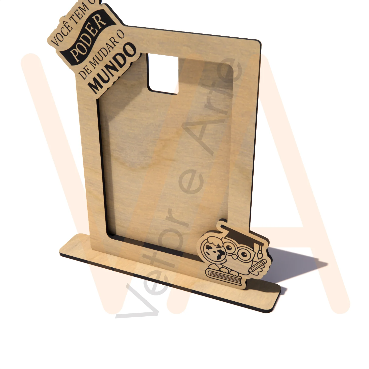 Porta-retrato de mesa com faixa 'Poder de Mudar o Mundo' e aplique de coruja formanda sobre um livro - Imagem 3