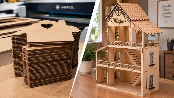 Comparação entre pilha de peças de MDF cortadas a laser para venda no atacado e peça personalizada com gravação para venda no varejo