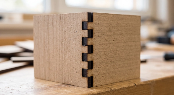 Close-up de duas peças de MDF encaixadas perfeitamente após corte a laser, sem folga