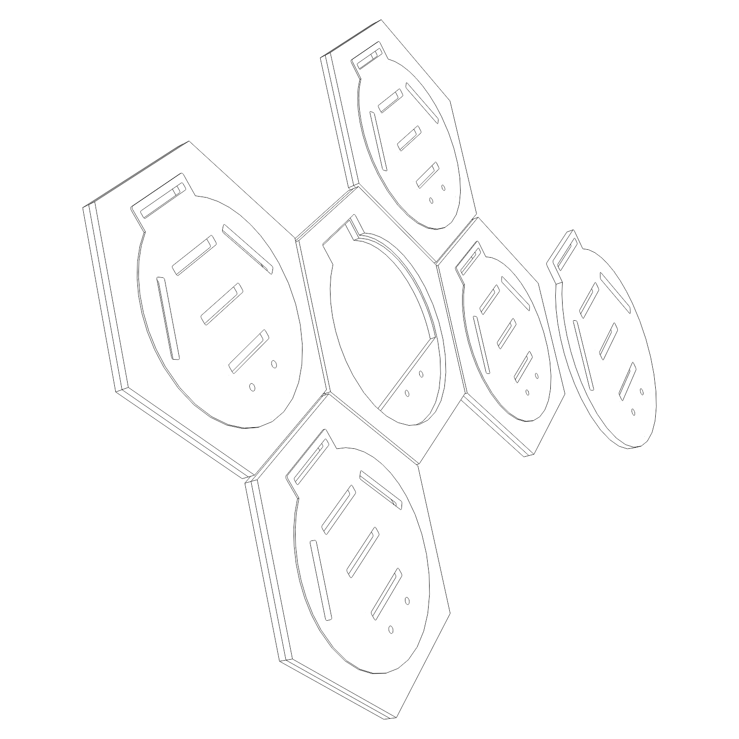 Expositor modular de cinco hexágonos em favo, com recorte circular e fenda para a fita de cada medalha - Imagem 4
