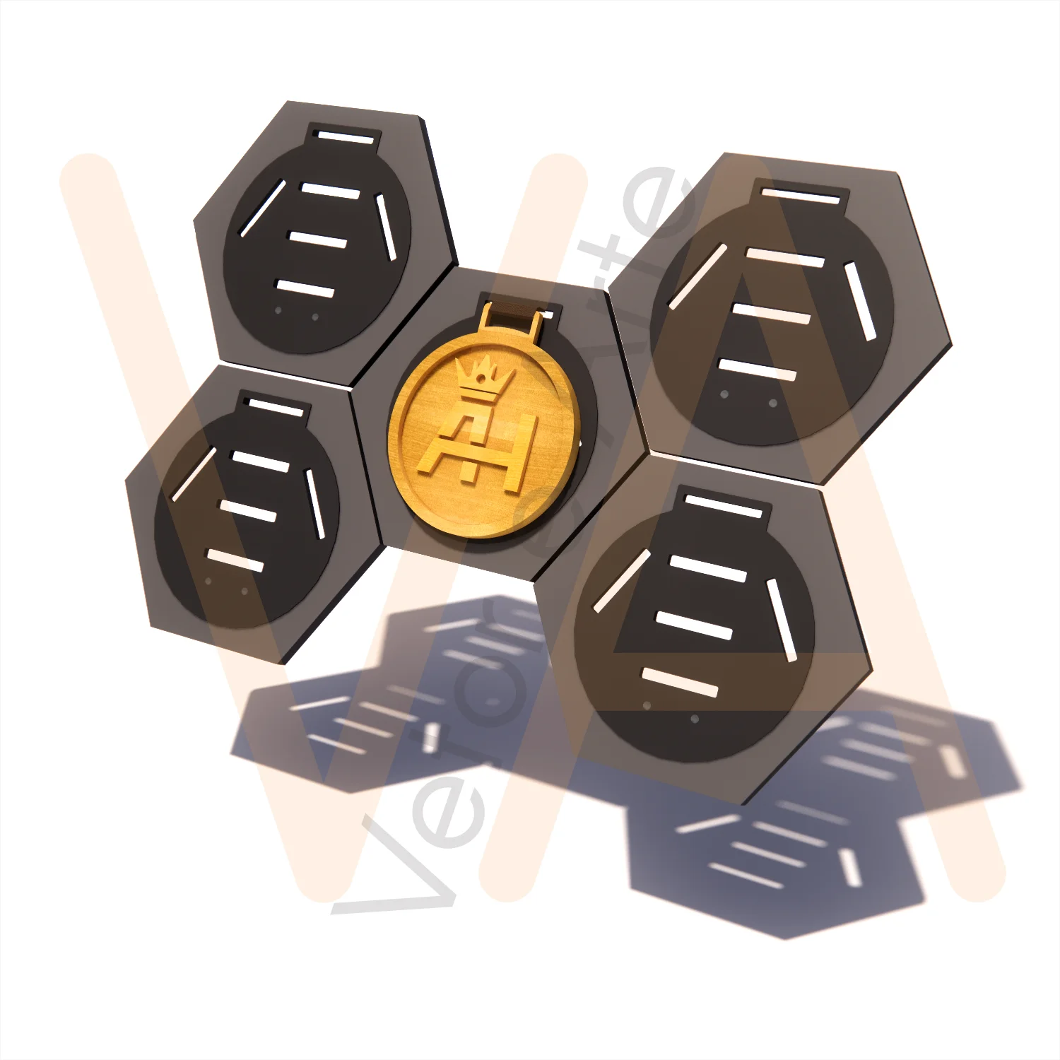 Expositor modular de cinco hexágonos em favo, com recorte circular e fenda para a fita de cada medalha - Imagem 3