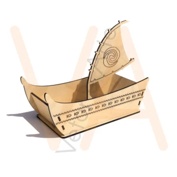 Canoa decorativa aberta, com vela gravada em espiral e casco com padrão de peixes entrelaçados