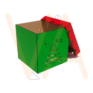 Caixa cúbica de Natal com árvore vazada, estrela cadente e estrelas, tampa com borda ondulada