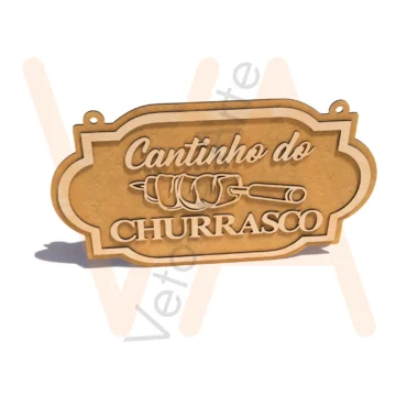 Placa decorativa Cantinho do Churrasco, com moldura em camadas, letras e espeto de carne em relevo e dois furos para pendurar - Imagem 2