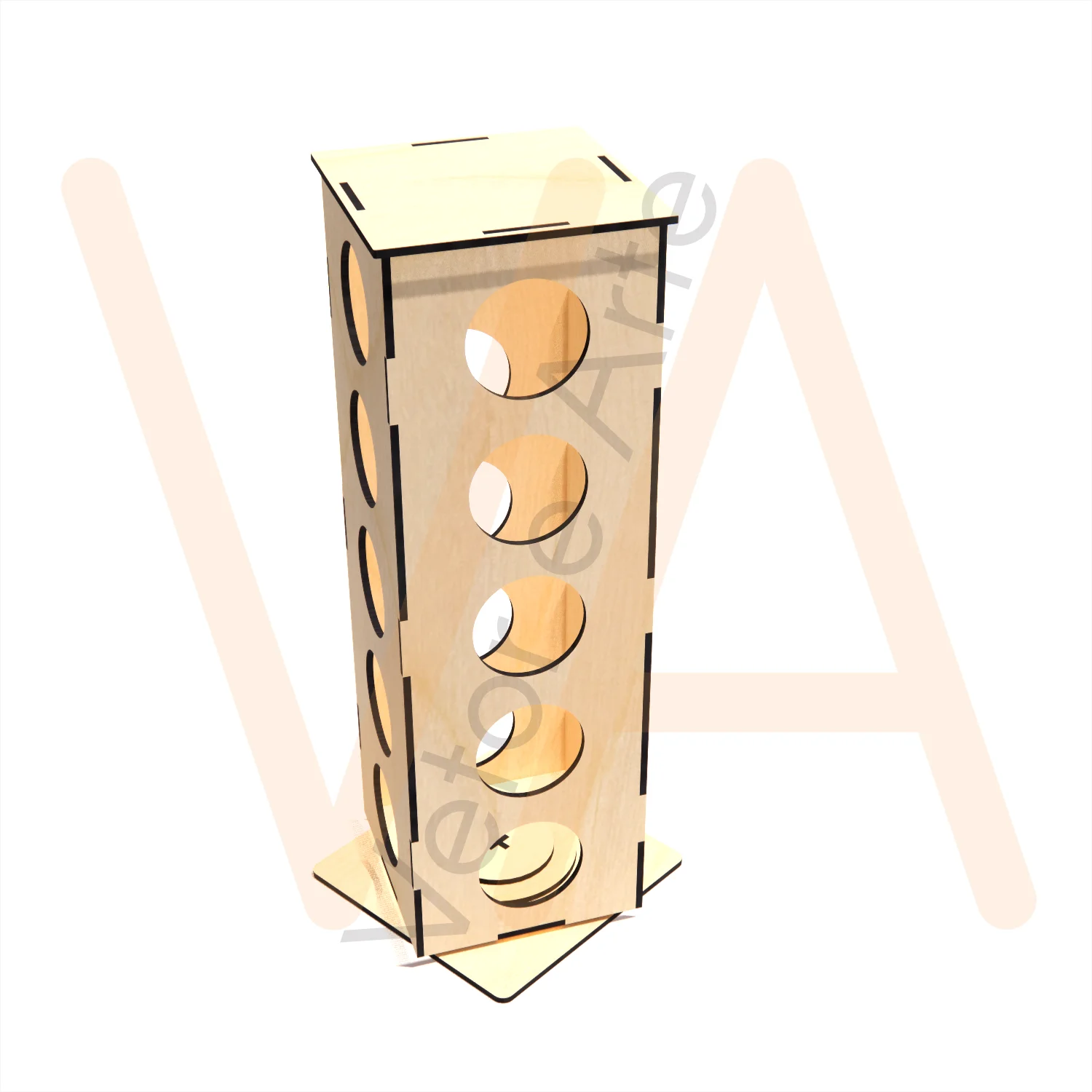 Torre giratória de cápsulas com quatro faces de cinco aberturas circulares, tampo e base quadrados