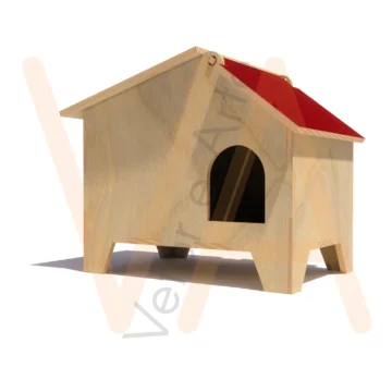 Casinha pet com telhado de duas águas, porta em arco, pés recortados e encaixes aparentes nas laterais