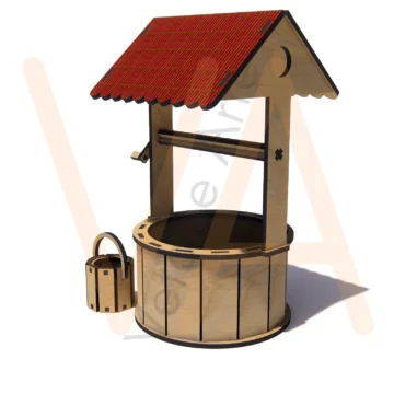 Mini poço decorativo com telhado de duas águas, manivela lateral e balde com alça, em peças de encaixe para corte a laser