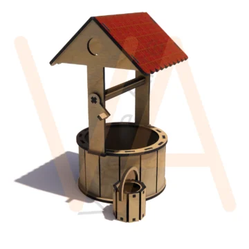 Mini poço decorativo com telhado de duas águas, manivela lateral e balde com alça, em peças de encaixe para corte a laser - Imagem 2