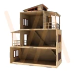 Casa de bonecas de três andares com varandas de grade, escadas internas, janelas de várias folhas e telhados inclinados