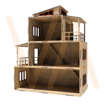 Casa de bonecas de três andares com varandas de grade, escadas internas, janelas de várias folhas e telhados inclinados