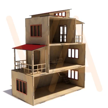 Casa de bonecas de três andares com varandas de grade, escadas internas, janelas de várias folhas e telhados inclinados - Imagem 2