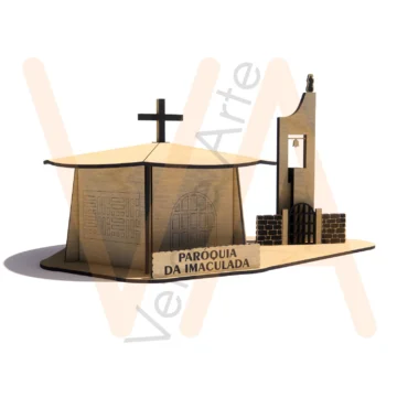 Miniatura de igreja com telhado em gomos e cruz, torre sineira, portão de grade, muros de pedra e placa Paróquia da Imaculada - Imagem 2