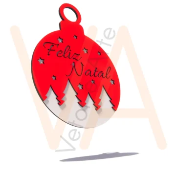 Enfeite de Natal em forma de bola com argola, mensagem Feliz Natal, estrelas e pinheiros vazados em duas camadas